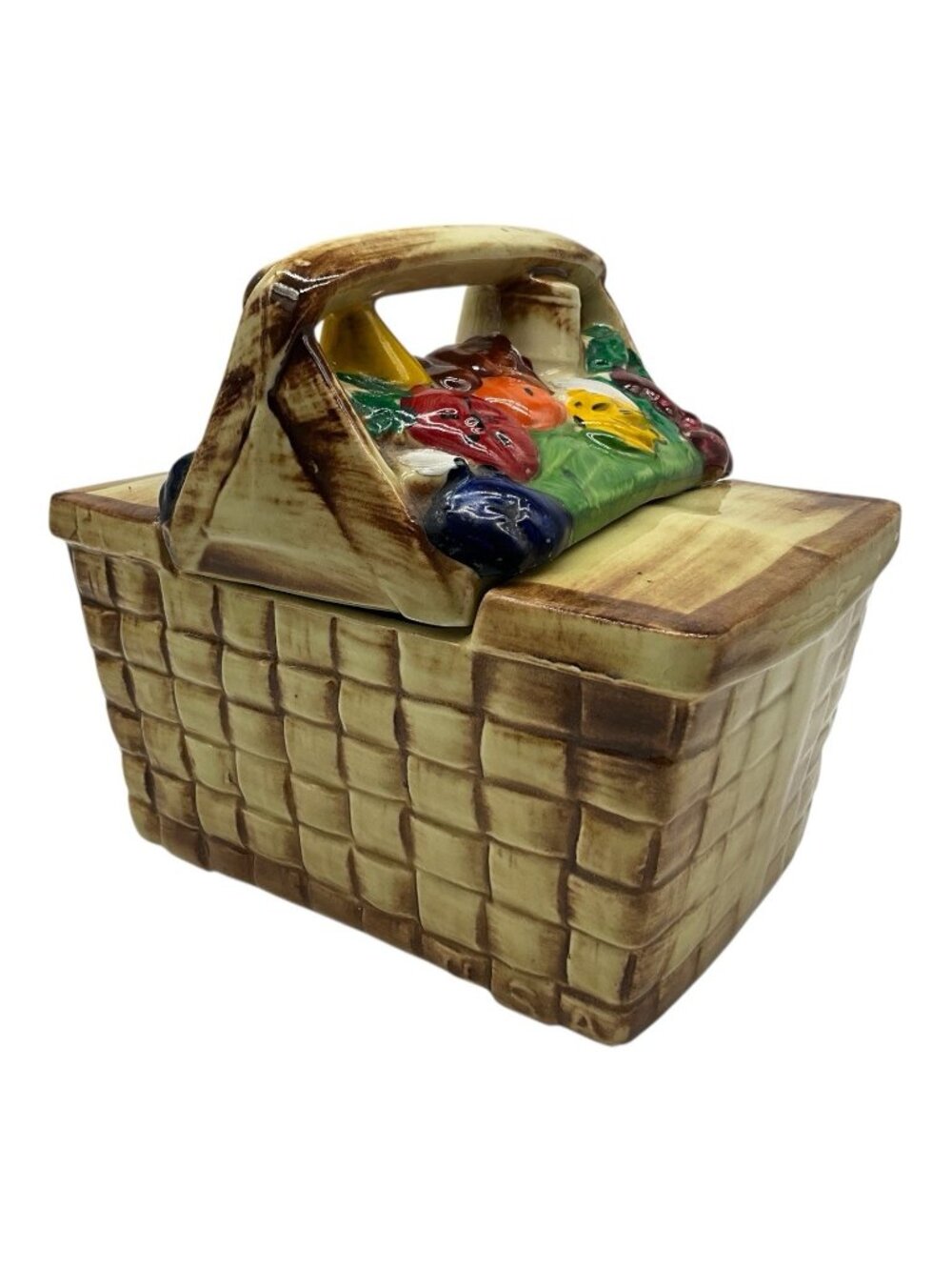 McCoy Vintage Pottery Picnic Basket Cookie Jar 1960s MCM Collectible Kitchenware